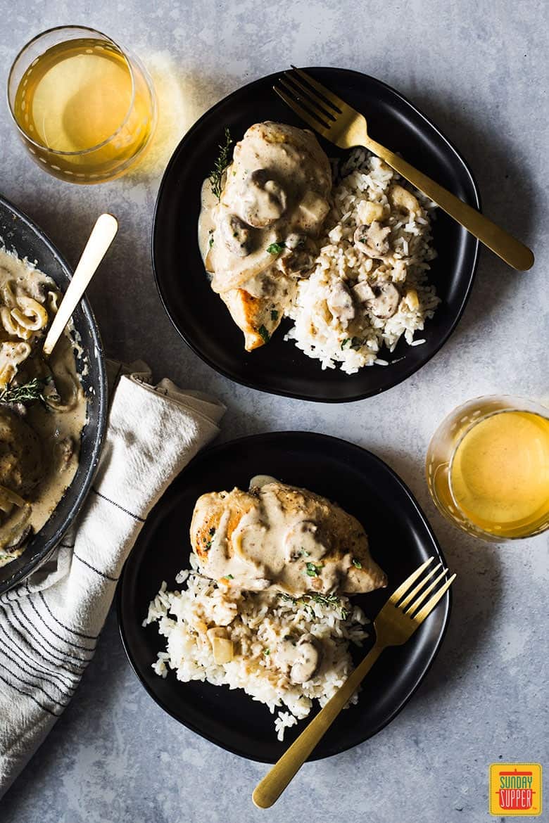 chicken breast and mushroom recipe plated with
rice