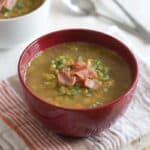 split pea soup topped with bacon
