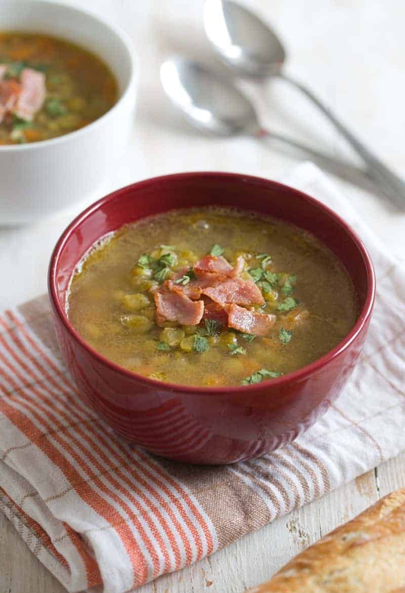 split pea soup topped with bacon