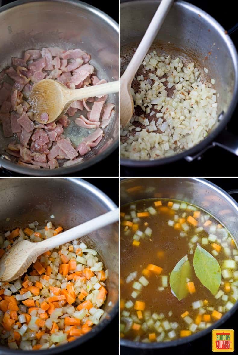Step by step images for split pea soup with bacon; top left: cooking bacon; top right: cooking onions; bottom left: adding carrots; bottom right: adding broth and bay leaves
