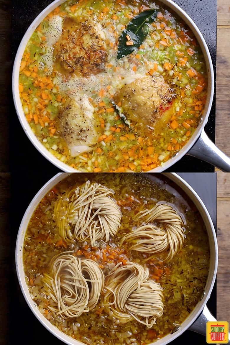 Top image: cooking the chicken for chicken noodle soup with egg noodles; bottom image: adding the egg noodles to the pan