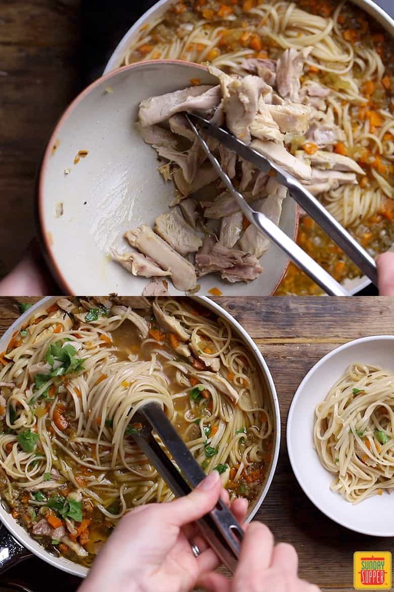 Top image: adding the shredded chicken to the noodle soup; bottom image: dishing the noodle soup into bowls