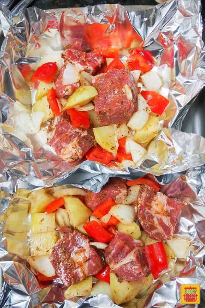 steak foil pack ready to seal and cook