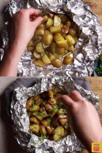Cooking the foil pack potatoes and then topping with parsley
