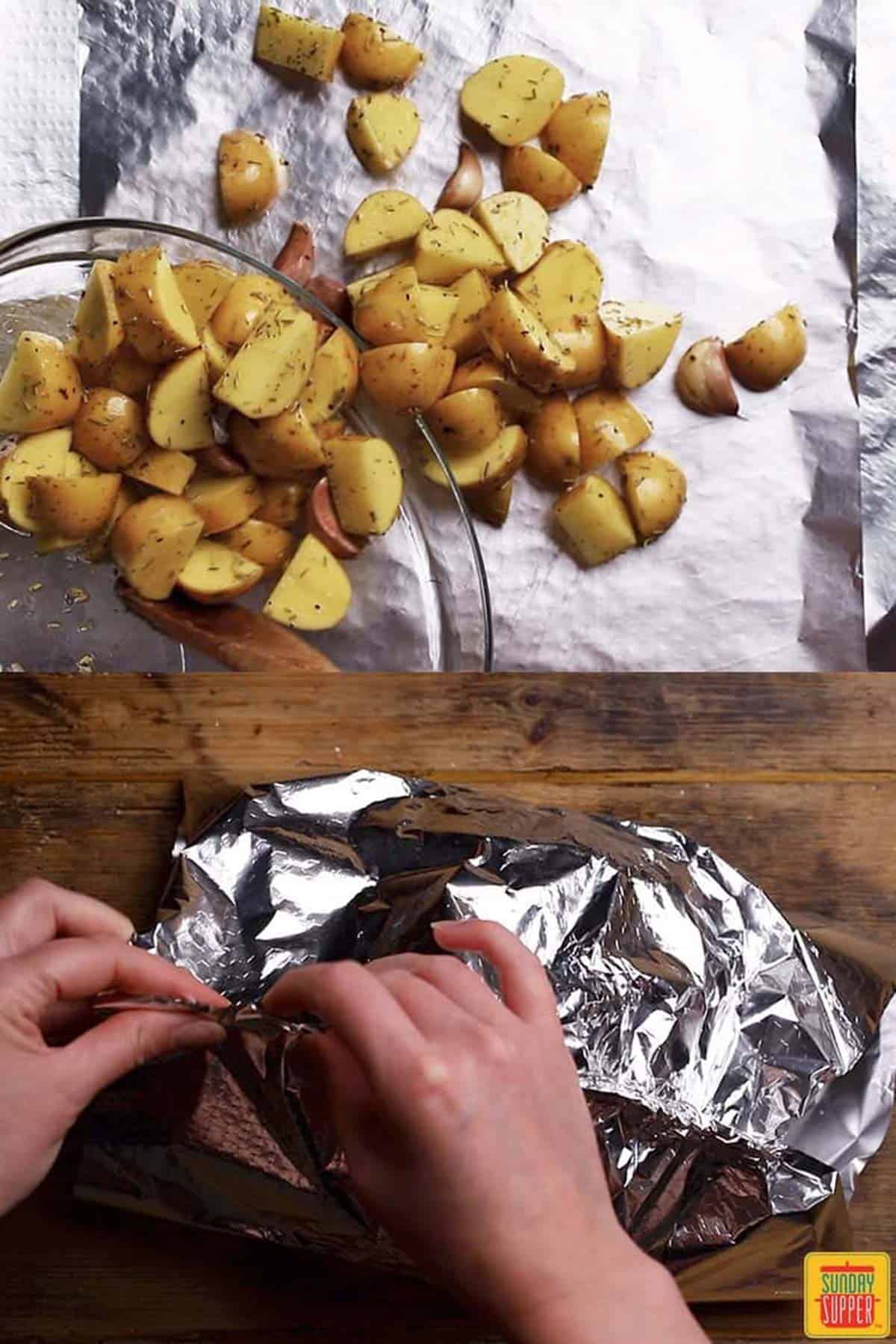 Folding seasoned potatoes into a foil pack