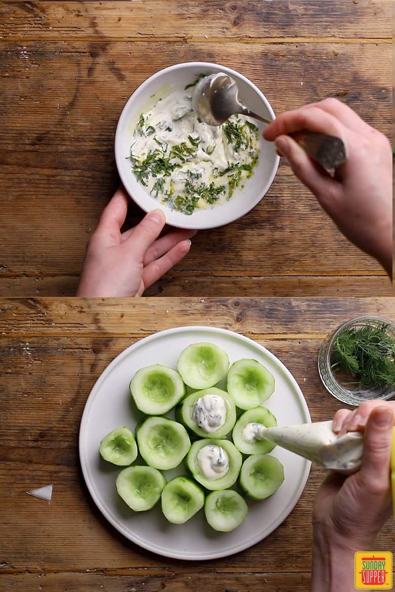 How to make cucumber canapes with shrimp: filling the cucumbers