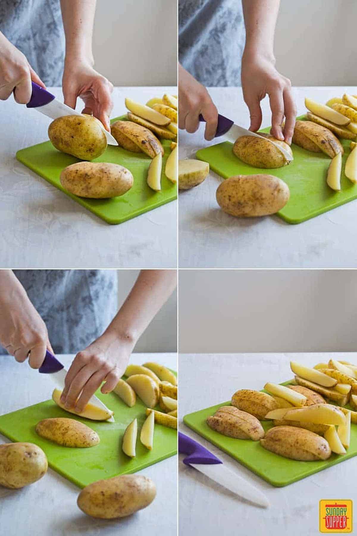 Four images showing how to cut potato wedges: halving the potato, halving the halves, then finally cutting into halves a third time