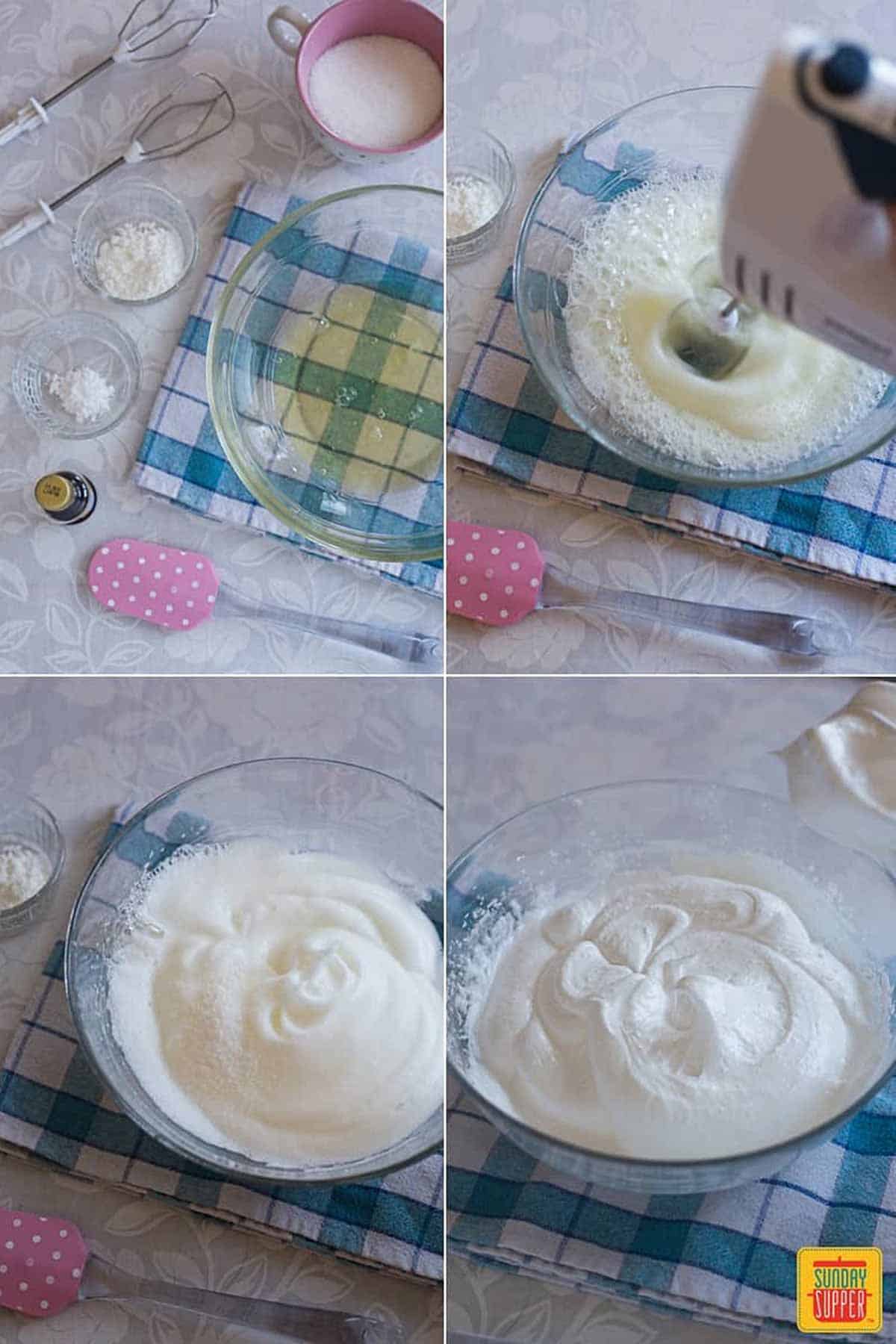 Four images showing how to make the pavlova meringue using a mixer in a glass bowl