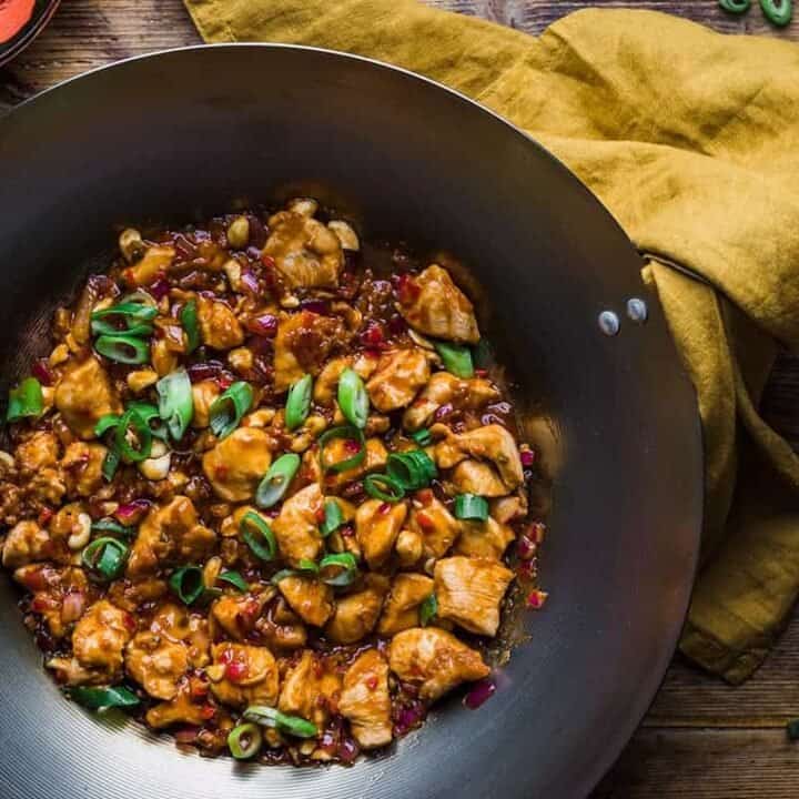 Dragon chicken recipe in a wok ready to serve