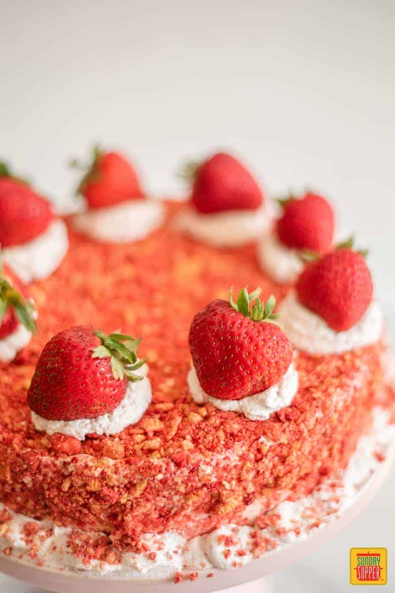 Close up of Strawberry Shortcake Ice Cream Cake on a cake stand