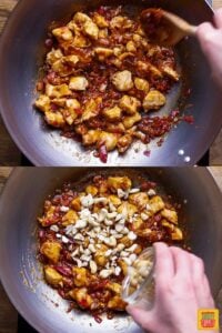 Topping the cooked dragon chicken recipe with cashews