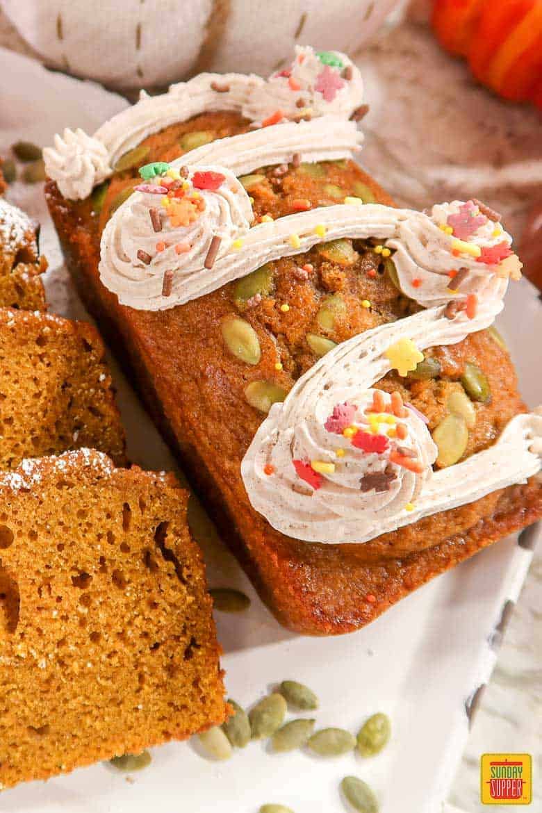 Close up of starbucks pumpkin bread mini loaf