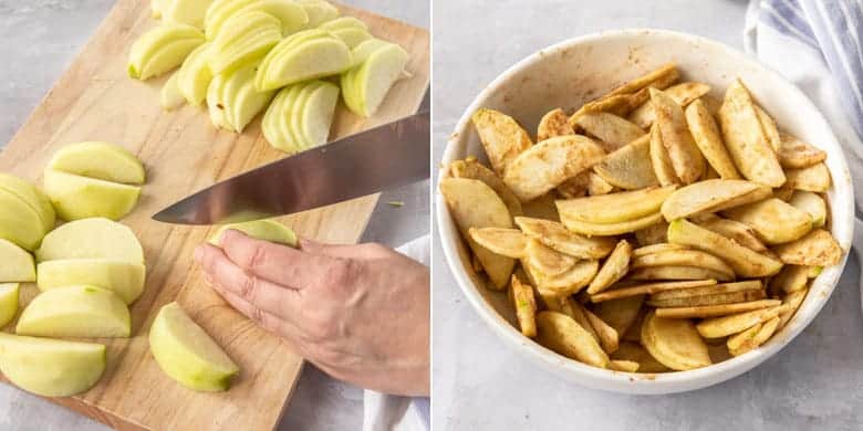 On the left, apples being sliced. On the right the slices are mixed with cinnamon and sugar in a white bowl