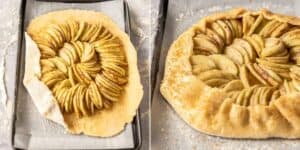 On the left, a top down view of a galette being folded. On the right a finished galette ready for the oven.