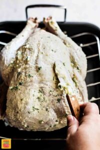 Rubbing garlic butter on and under skin of turkey for Best Thanksgiving Turkey Recipe