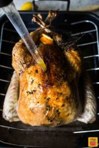 Basting a turkey as it cooks on a roasting pan