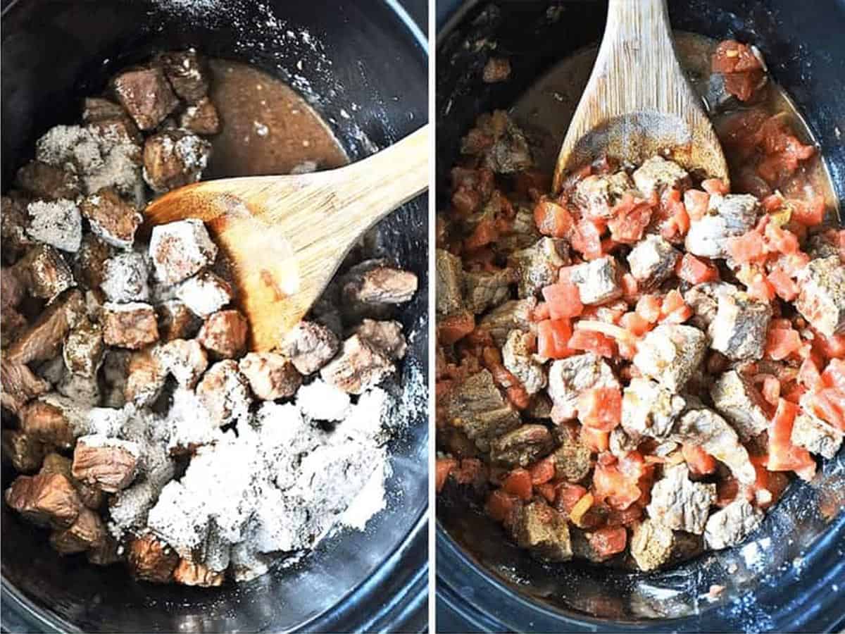 Mixing carne picada beef in the slow cooker with seasonings