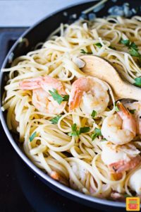 Pasta in pan with shrimp scampi