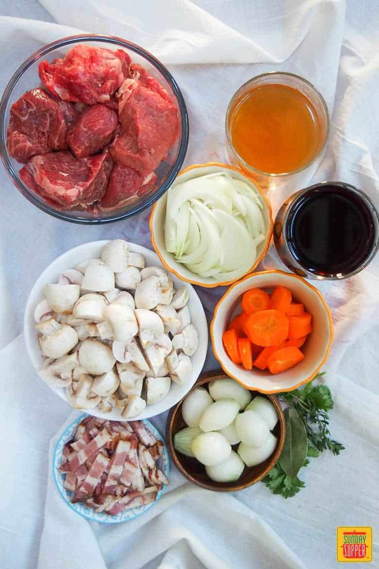 Table of recipe ingredients to make beef bourguignon