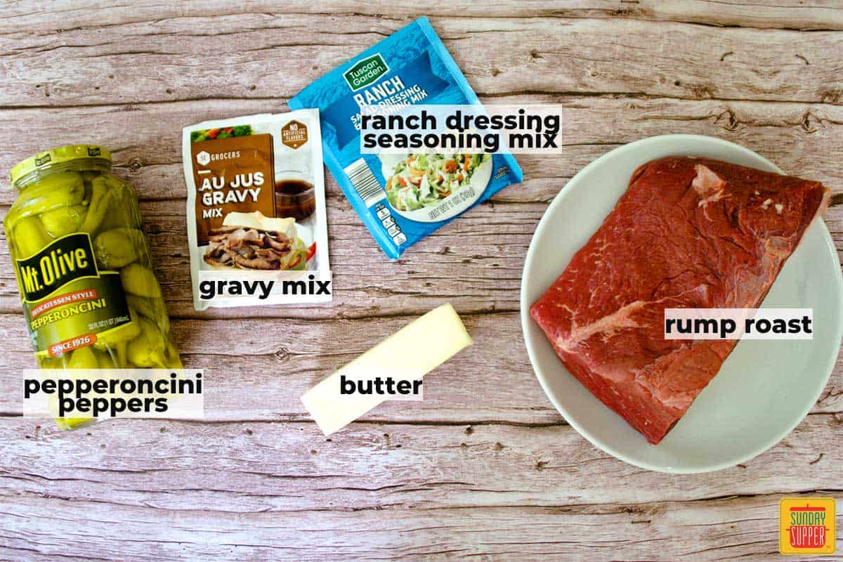 ingredients to make missisippi pot roast with labels