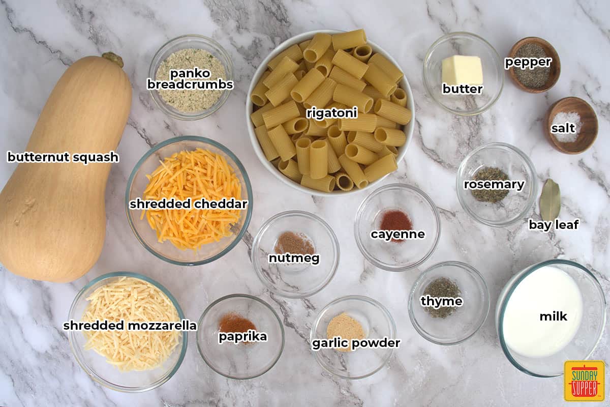 butternut squash mac and cheese ingredients with labels