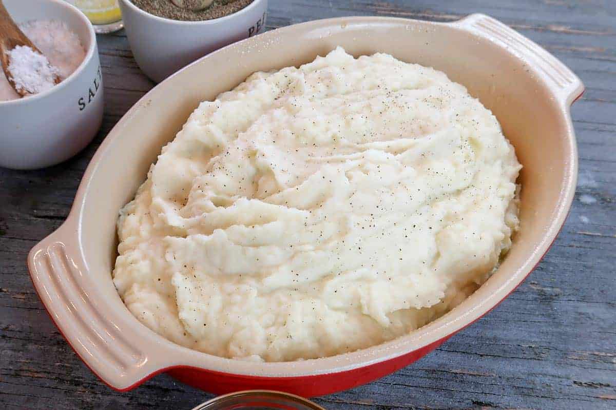 mashed potatoes in a casserole dish