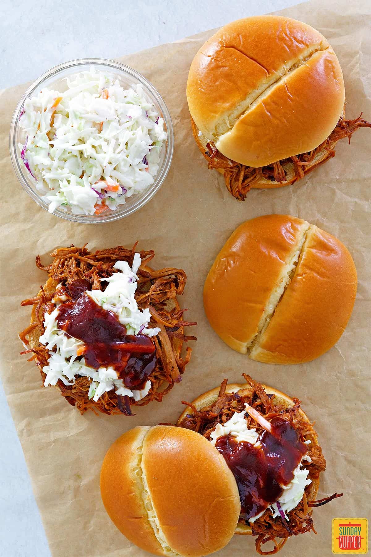 Slow cooker pulled pork sandwiches with coleslaw