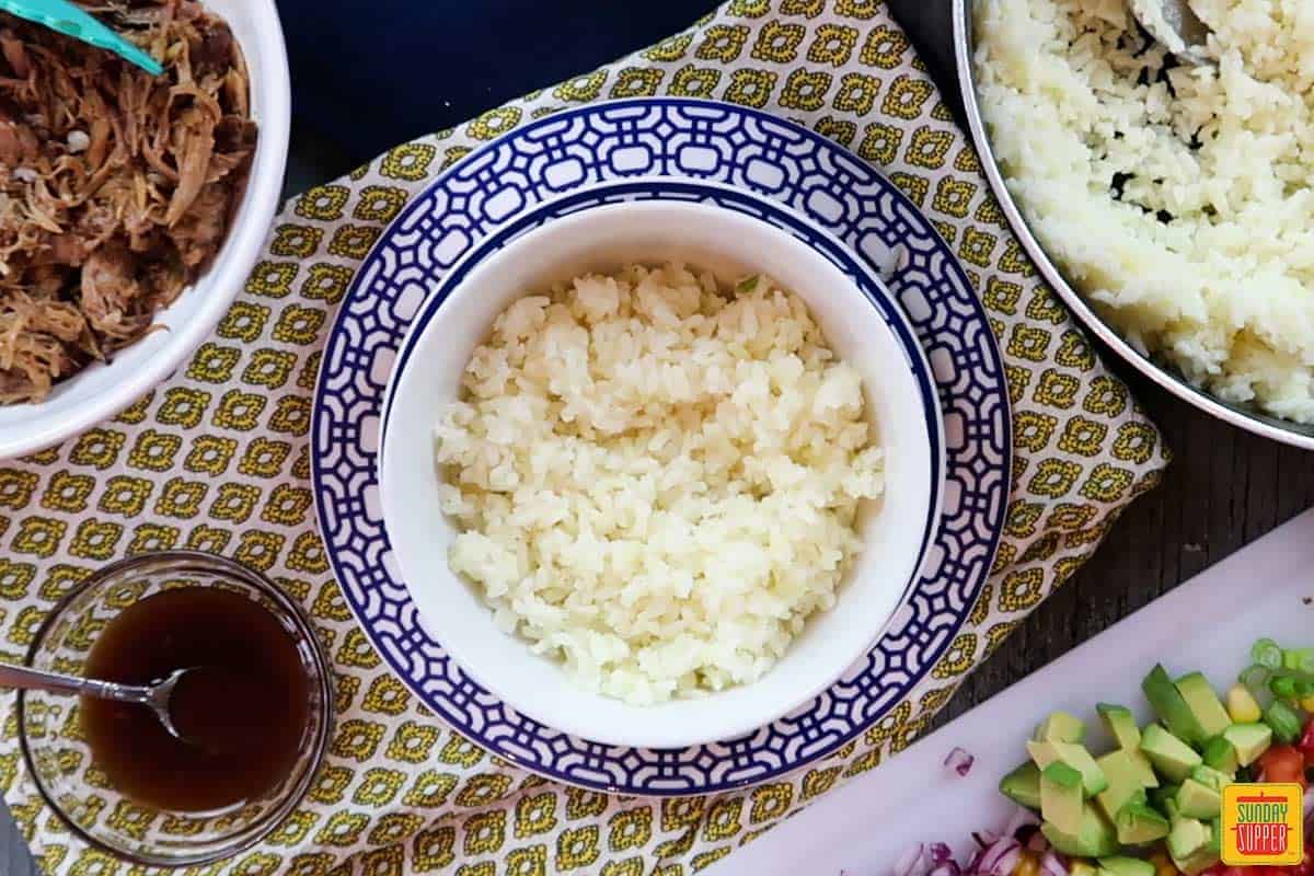 Rice in white bowl for teriyaki bowl