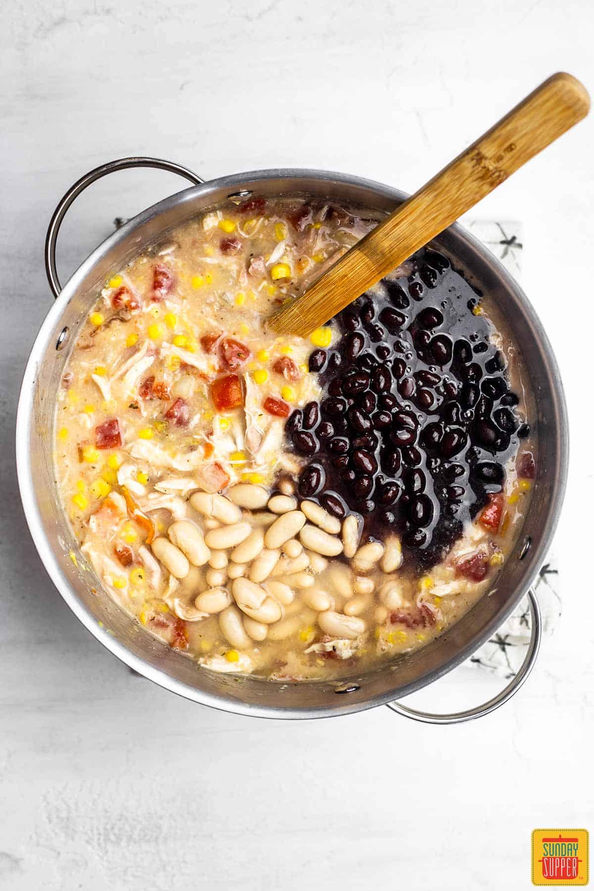 Beans and corn in the pot for chick-fil-a chicken tortilla soup