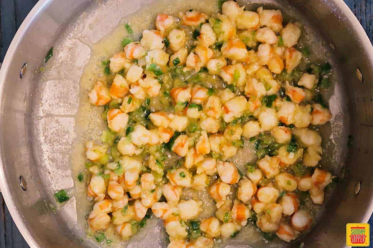 Close up of shrimp in flour roux