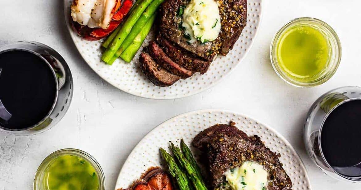 Simple Dinner Ideas for Two: Two plates of air fryer steak and fried lobster tail