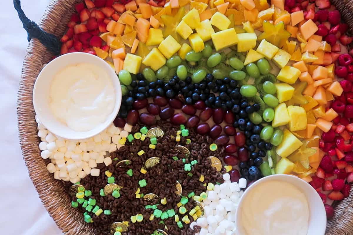 Completed rainbow parfait board with lucky charms