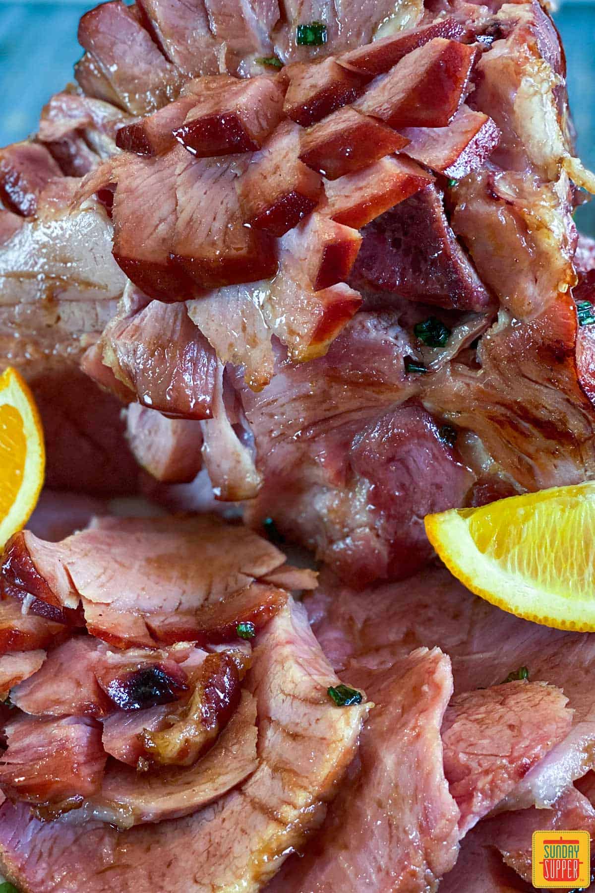 Close up of ham in instant pot slices