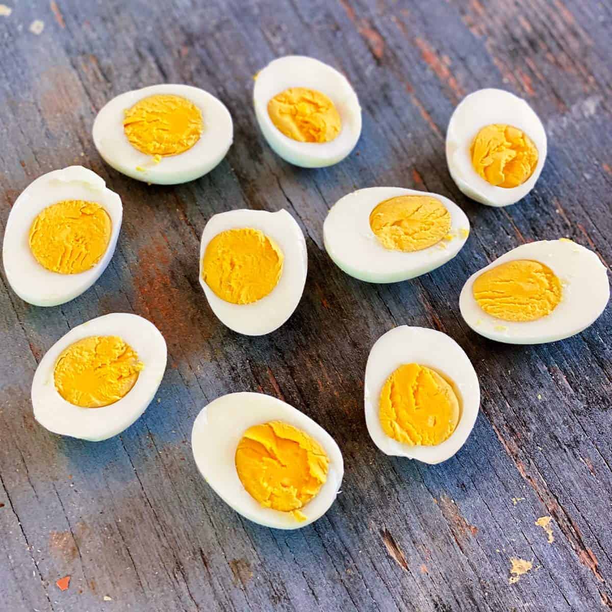 Instant pot hard boiled eggs on a wooden board