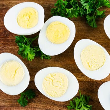 hard boiled eggs on a cutting board