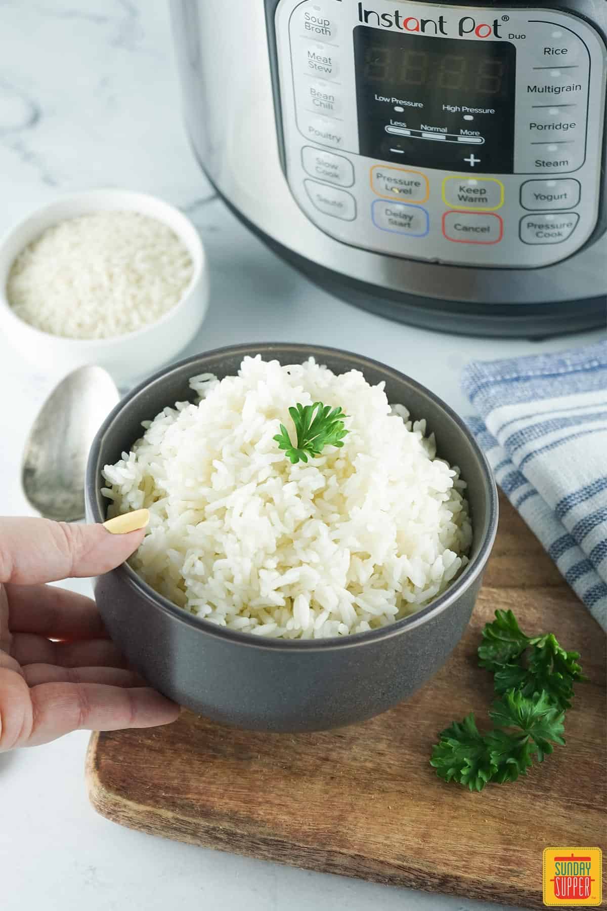 setting down a bowl of instant pot white rice