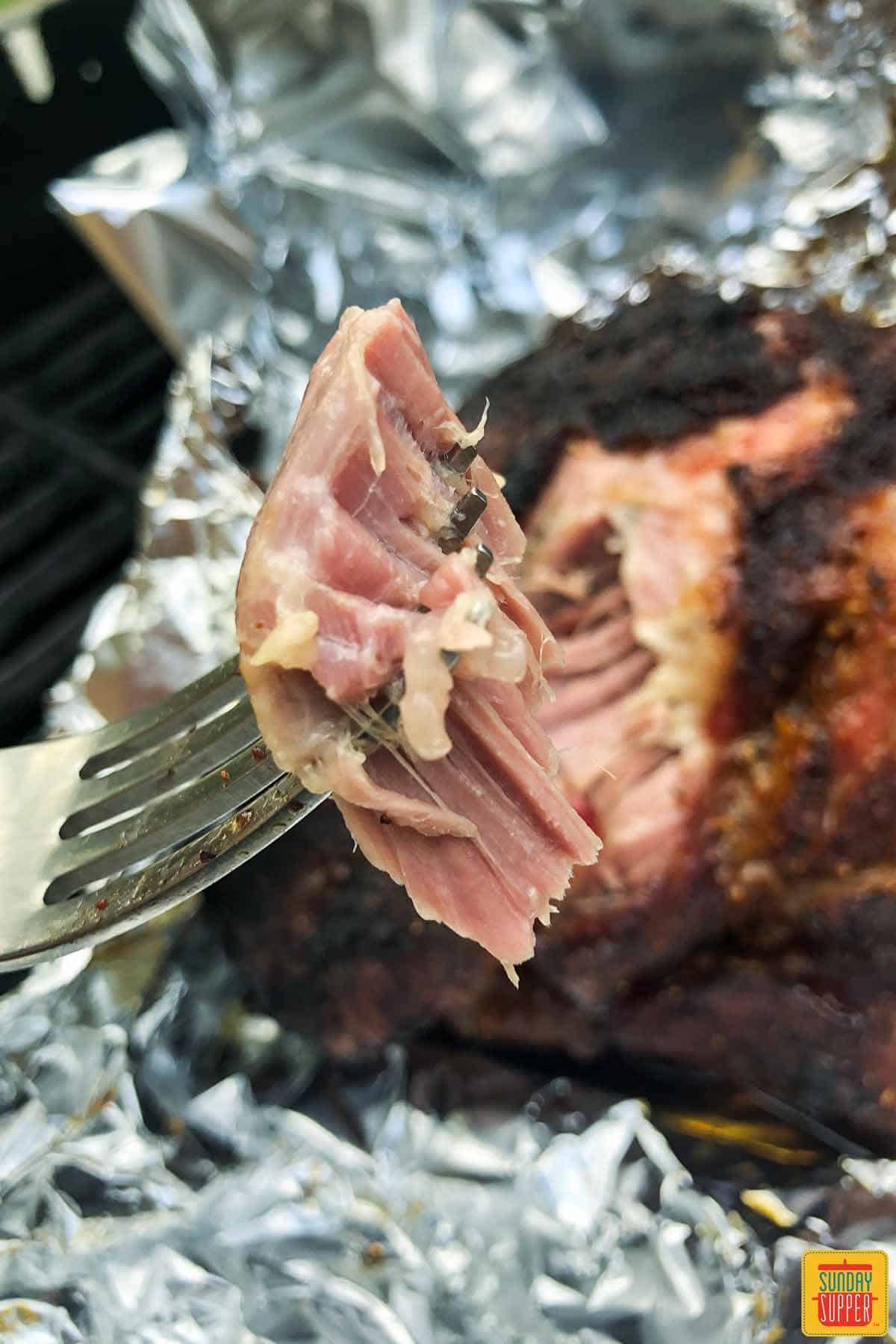 A fork with a bite of grilled pork butt on it