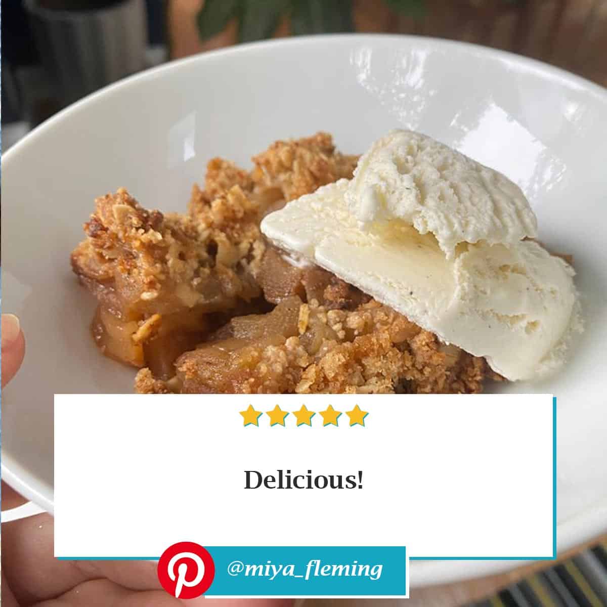 Reviewer photo of Ina Garten Apple Pie in a white dish with the text overlay "Delicious!" and their Pinterest username: @miya_fleming