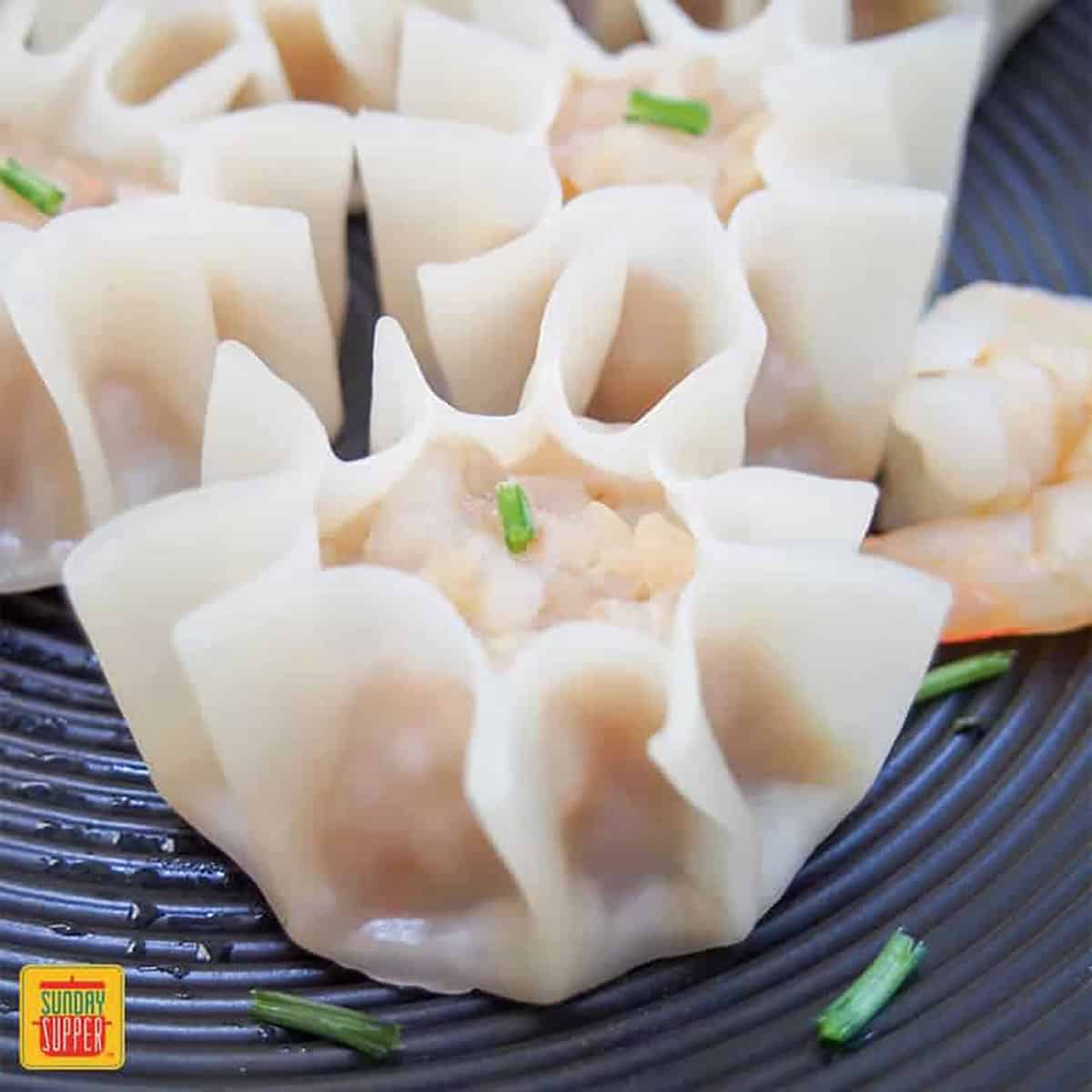 Prawn dumplings close up topped with chives