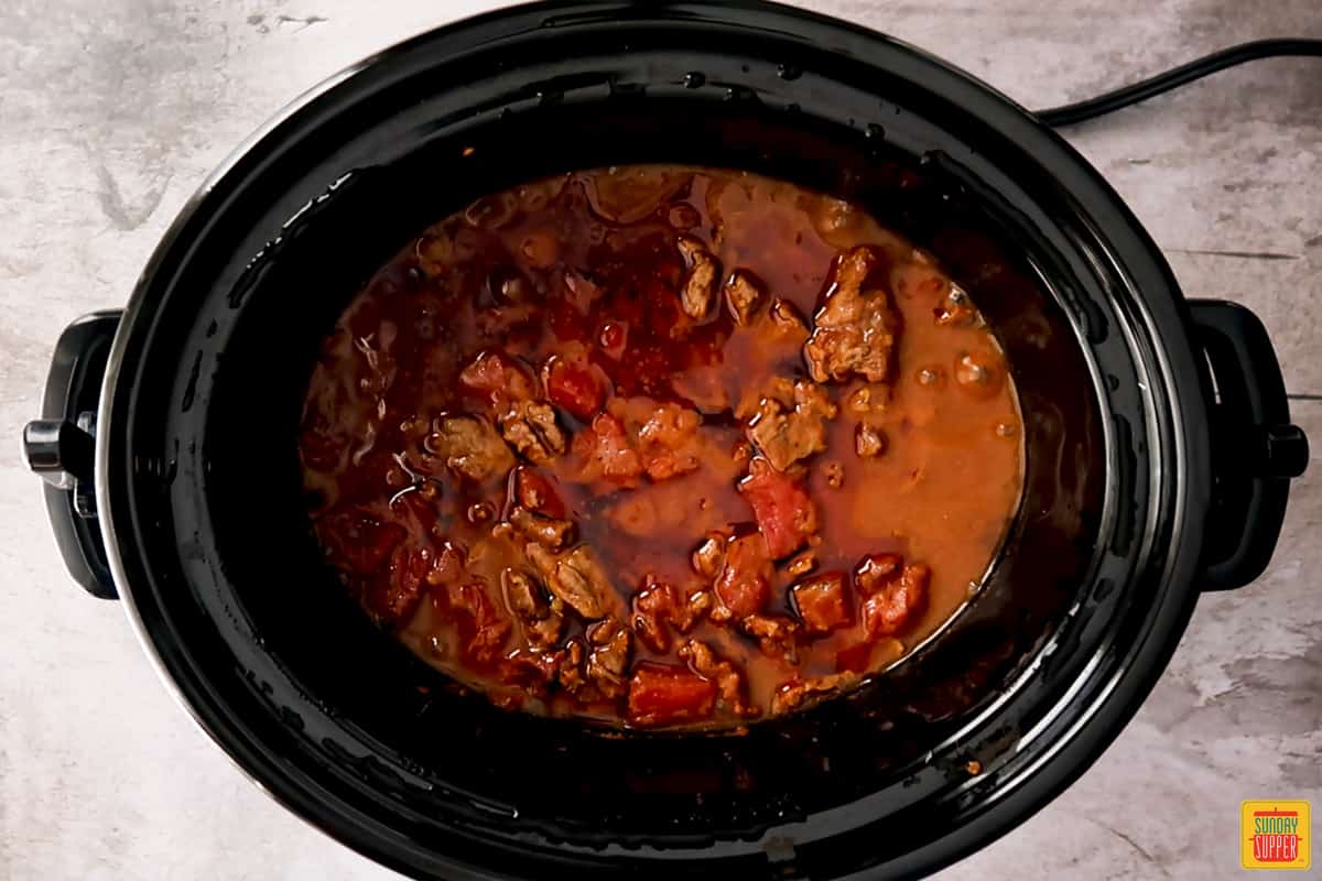 Carne picada in slow cooker after cooking