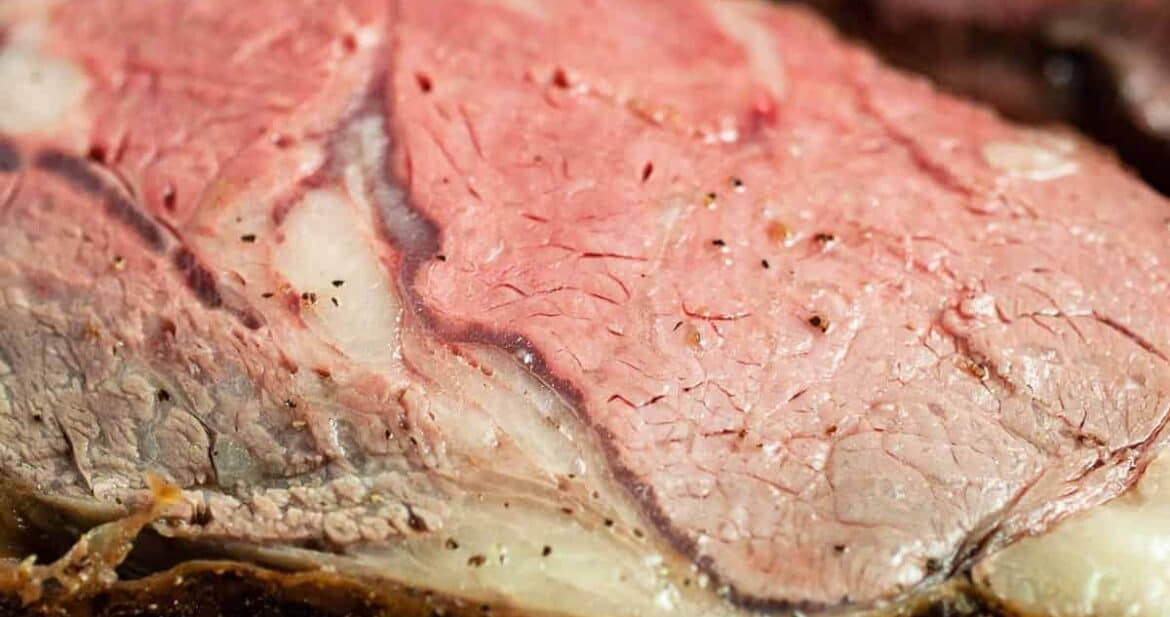 Two slices of boneless prime rib roast up close