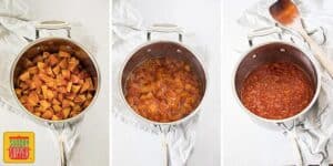 Three steps to making peach glaze: peaches in a pot, peaches cooking down, and peaches boiled all of the way down