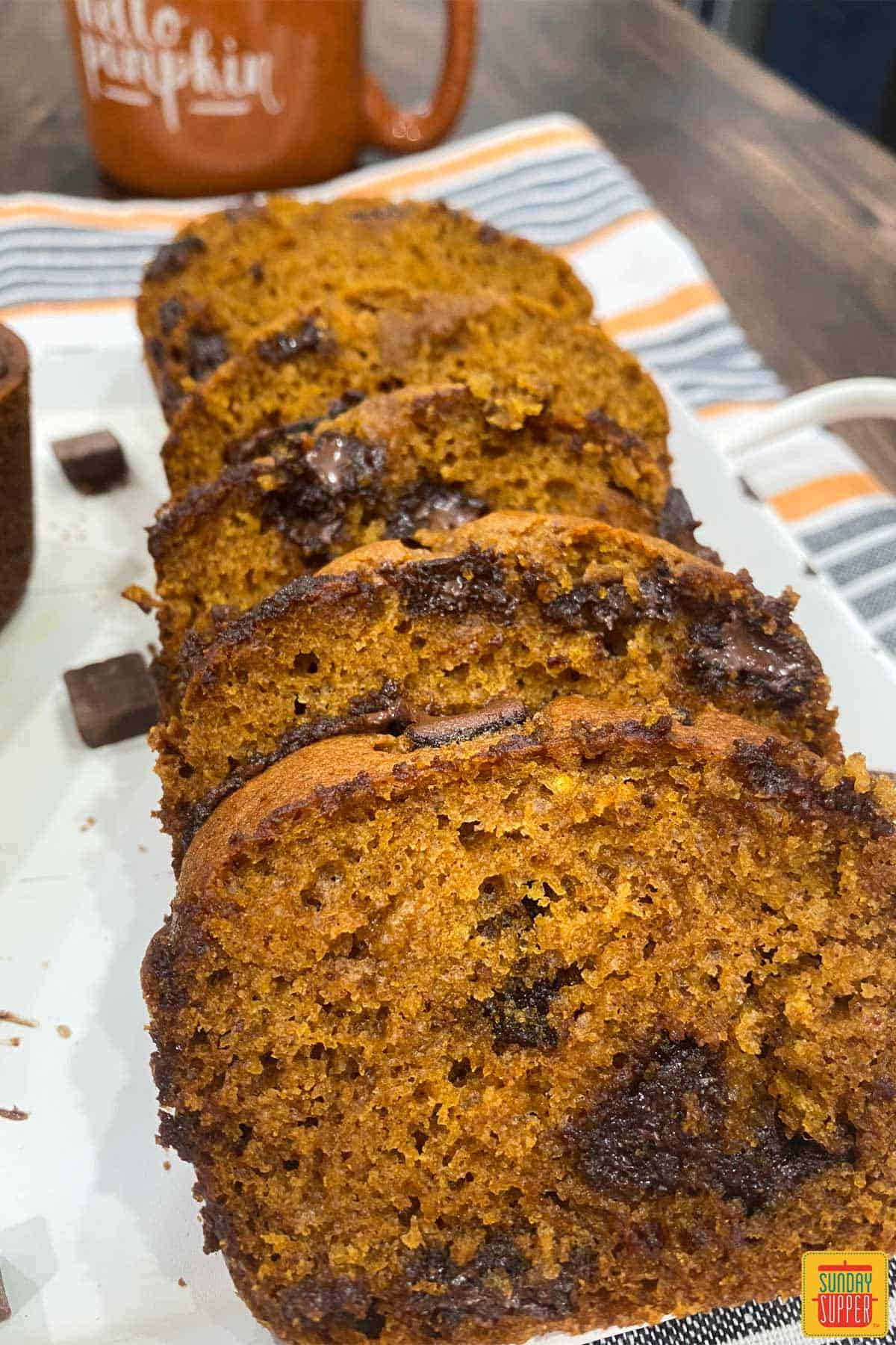 Slices of instant pot pumpkin bread with chocolate chips up close