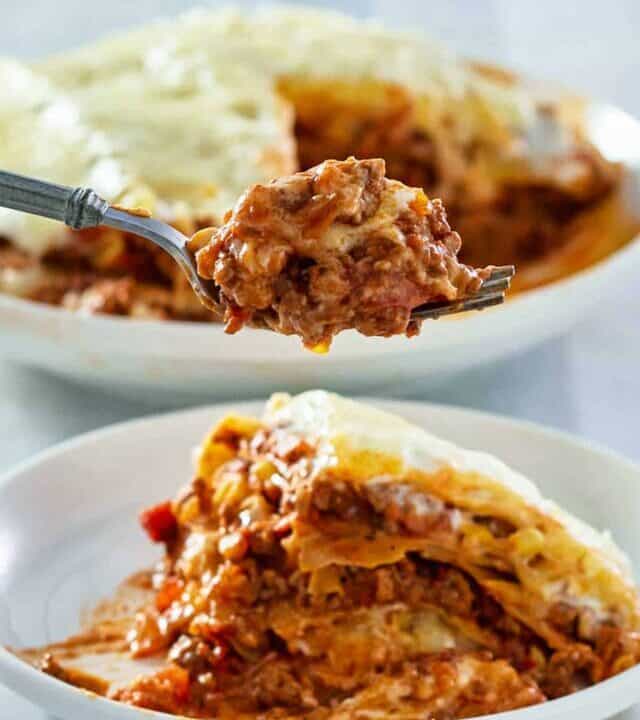 fork full of instant pot lasagna