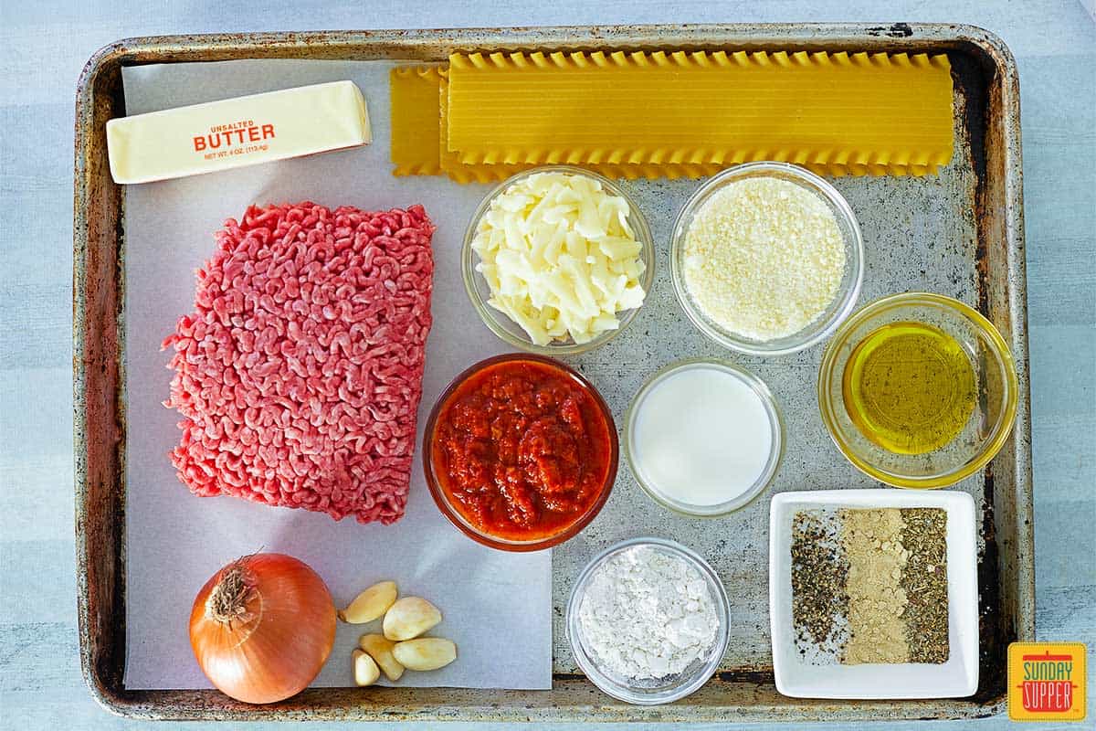 instant pot lasagna ingredients on a tray