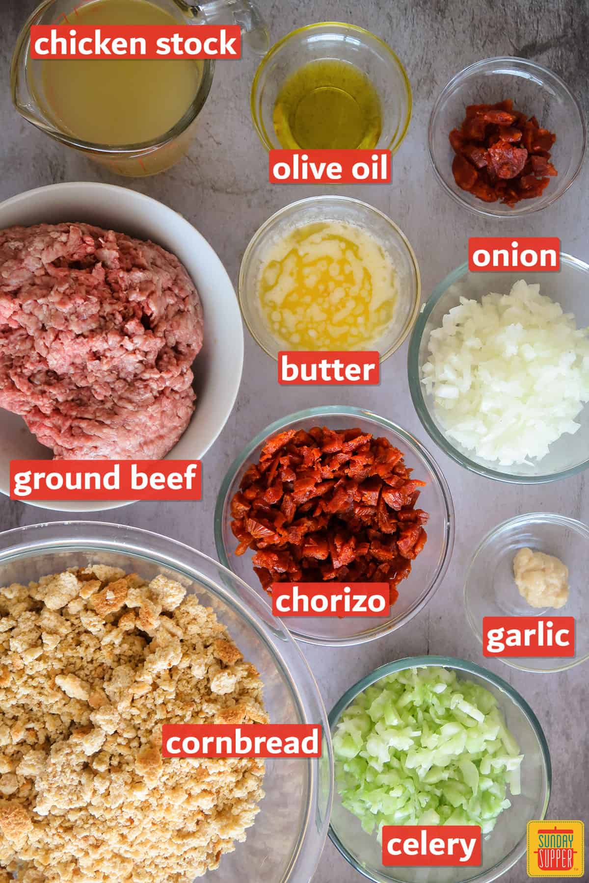 portuguese stuffing ingredients on a white surface with labels