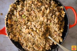 Cornbread stuffing mixed together in the pan