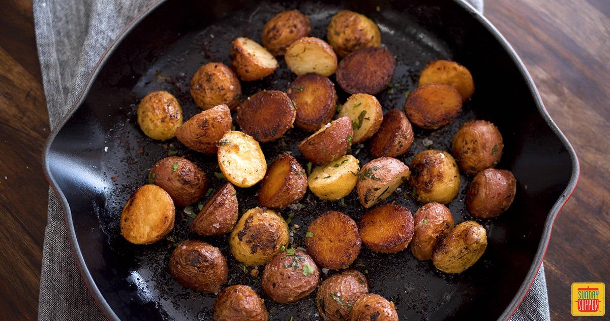 Roasted creamer potatoes in a skillet