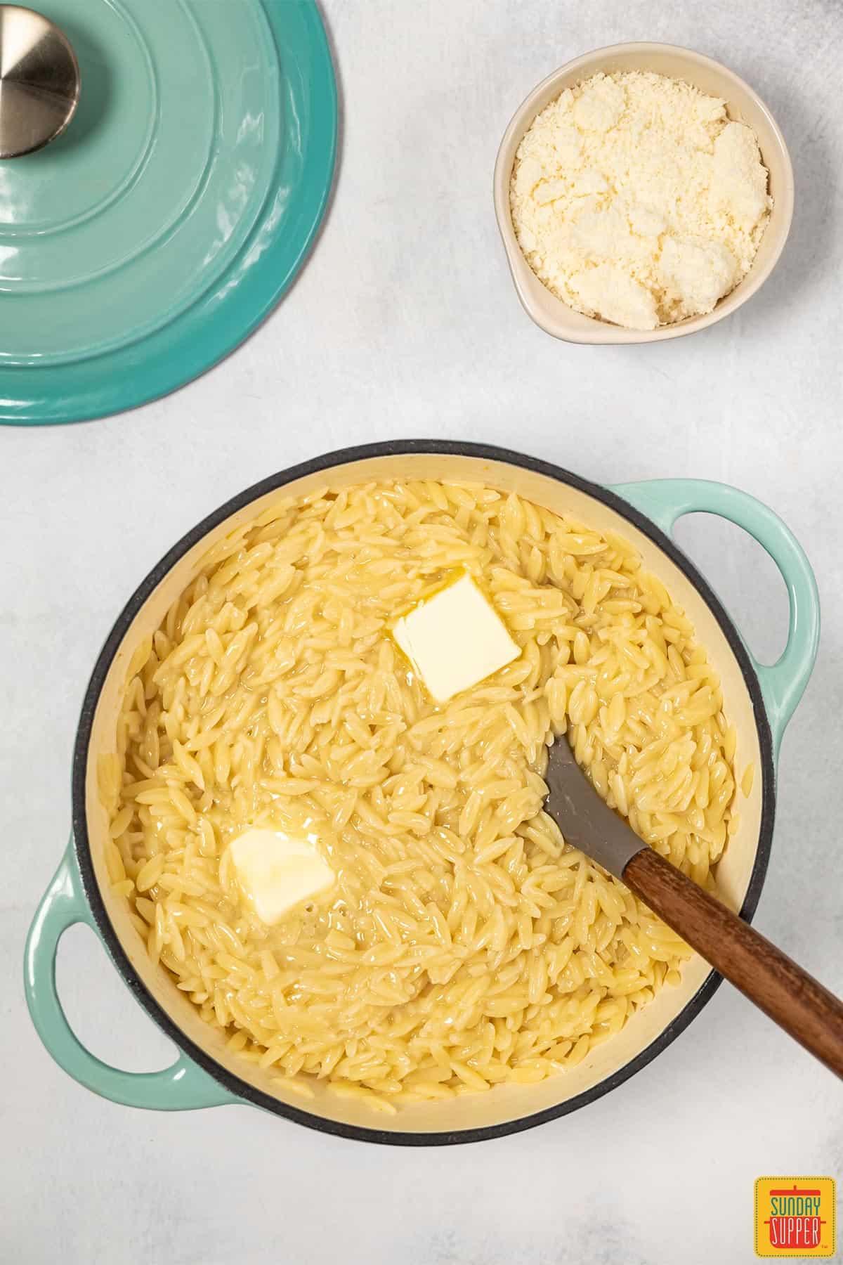 butter melting in orzo