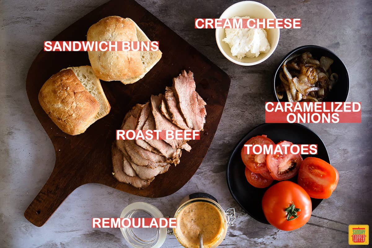 roast beef sandwich ingredients labeled on a table